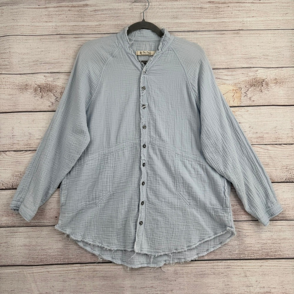 Free People Button Down Women Small Blue Arlo Gauze Frayed Hem Shirt OBI443094